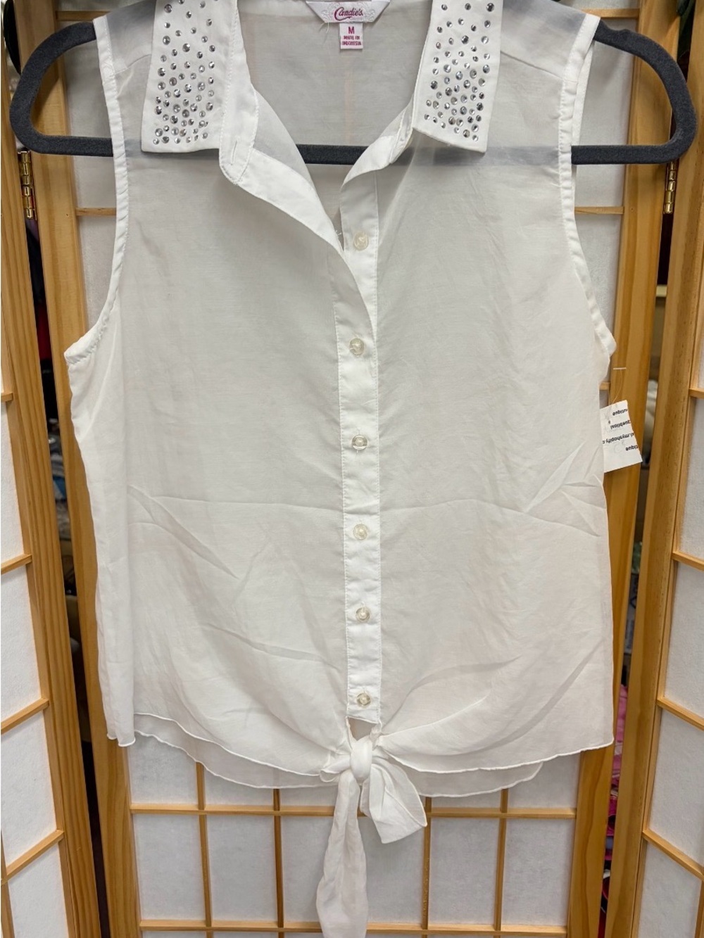 Candie's White Sleeveless Button-Front Tie Top with Studded Collar